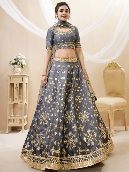Grey Zari Art Silk Lehenga Choli with Dupatta
