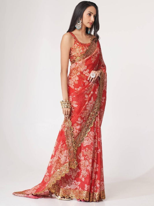 Red Floral Designer organza Saree with Golden Embroidered Border