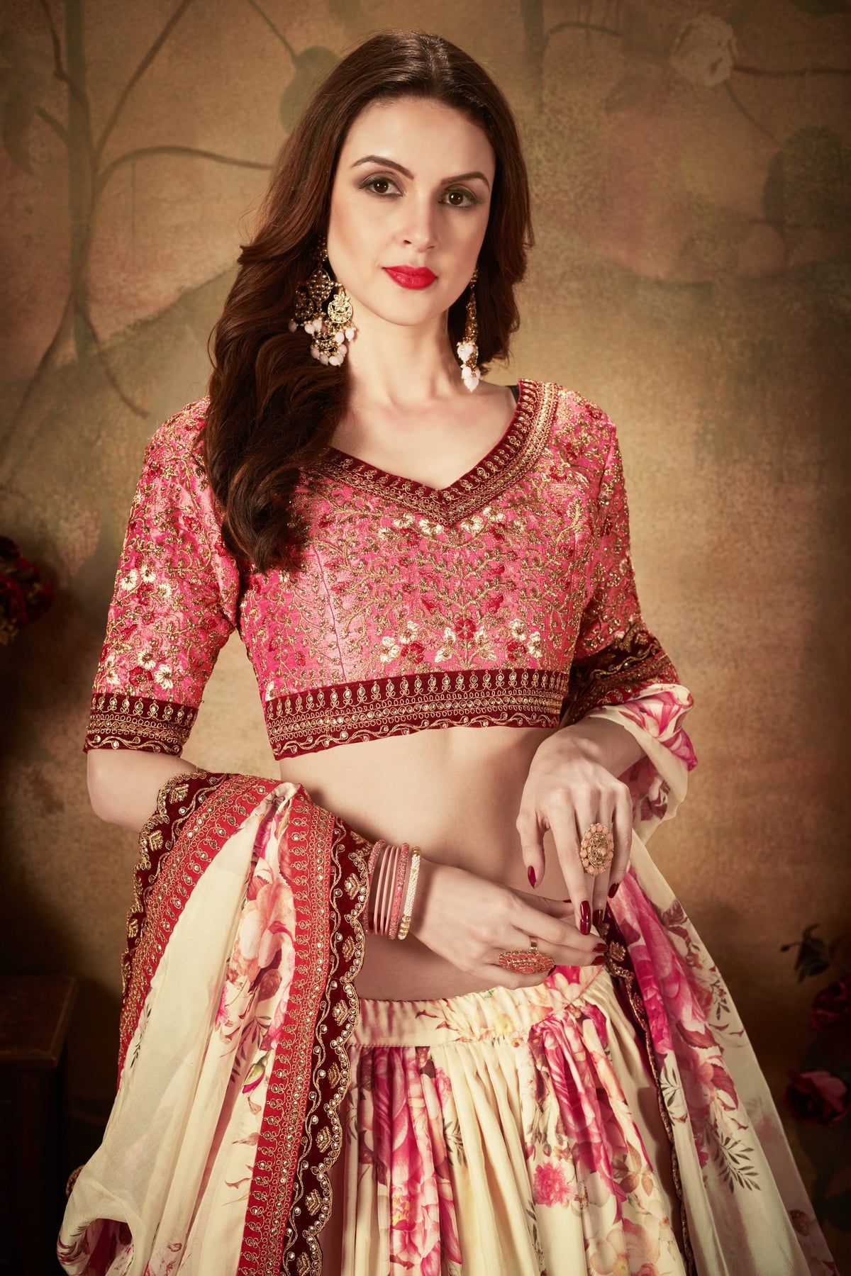 Cream Floral Lehenga Choli with Embroidered Pink Blouse and Dupatta for Wedding & Festive Wear