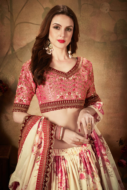 Cream Floral Lehenga Choli with Embroidered Pink Blouse and Dupatta for Wedding & Festive Wear
