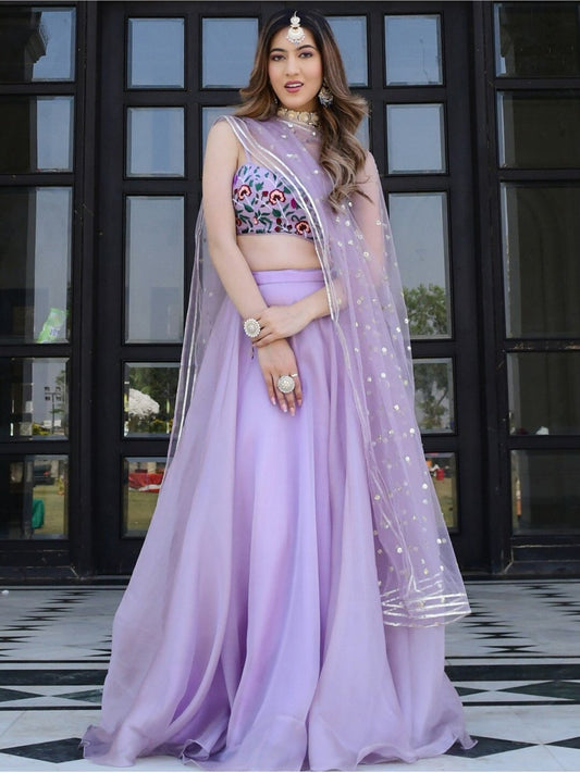 Lavender Organza Lehenga with Multicolor Floral Blouse