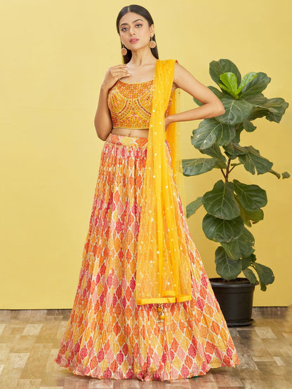 Yellow Mirror Work Lehenga Choli with Printed Dupatta