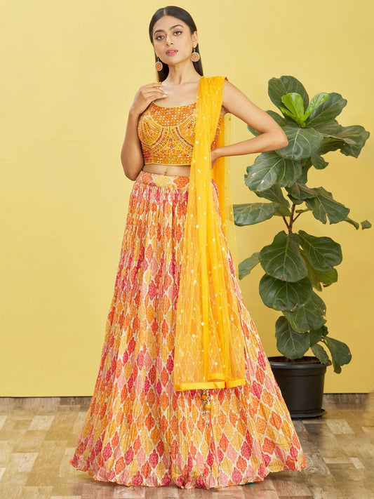 Yellow Mirror Work Lehenga Choli with Printed Dupatta
