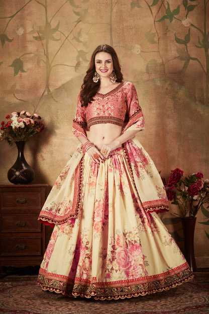Cream Floral Lehenga Choli with Embroidered Pink Blouse and Dupatta for Wedding & Festive Wear