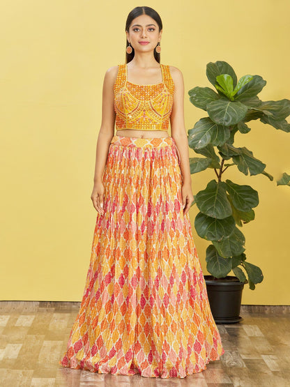 Yellow Mirror Work Lehenga Choli with Printed Dupatta