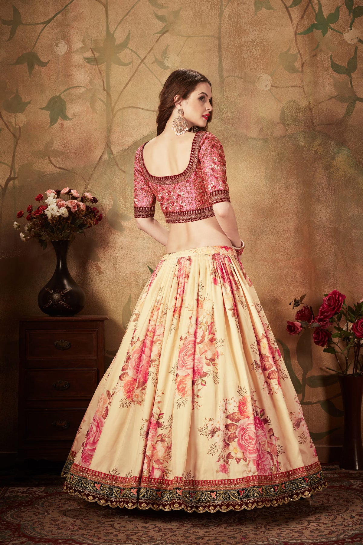 Cream Floral Lehenga Choli with Embroidered Pink Blouse and Dupatta for Wedding & Festive Wear
