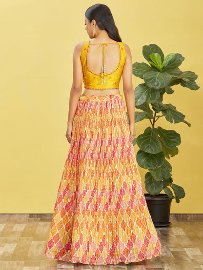 Yellow Mirror Work Lehenga Choli with Printed Dupatta