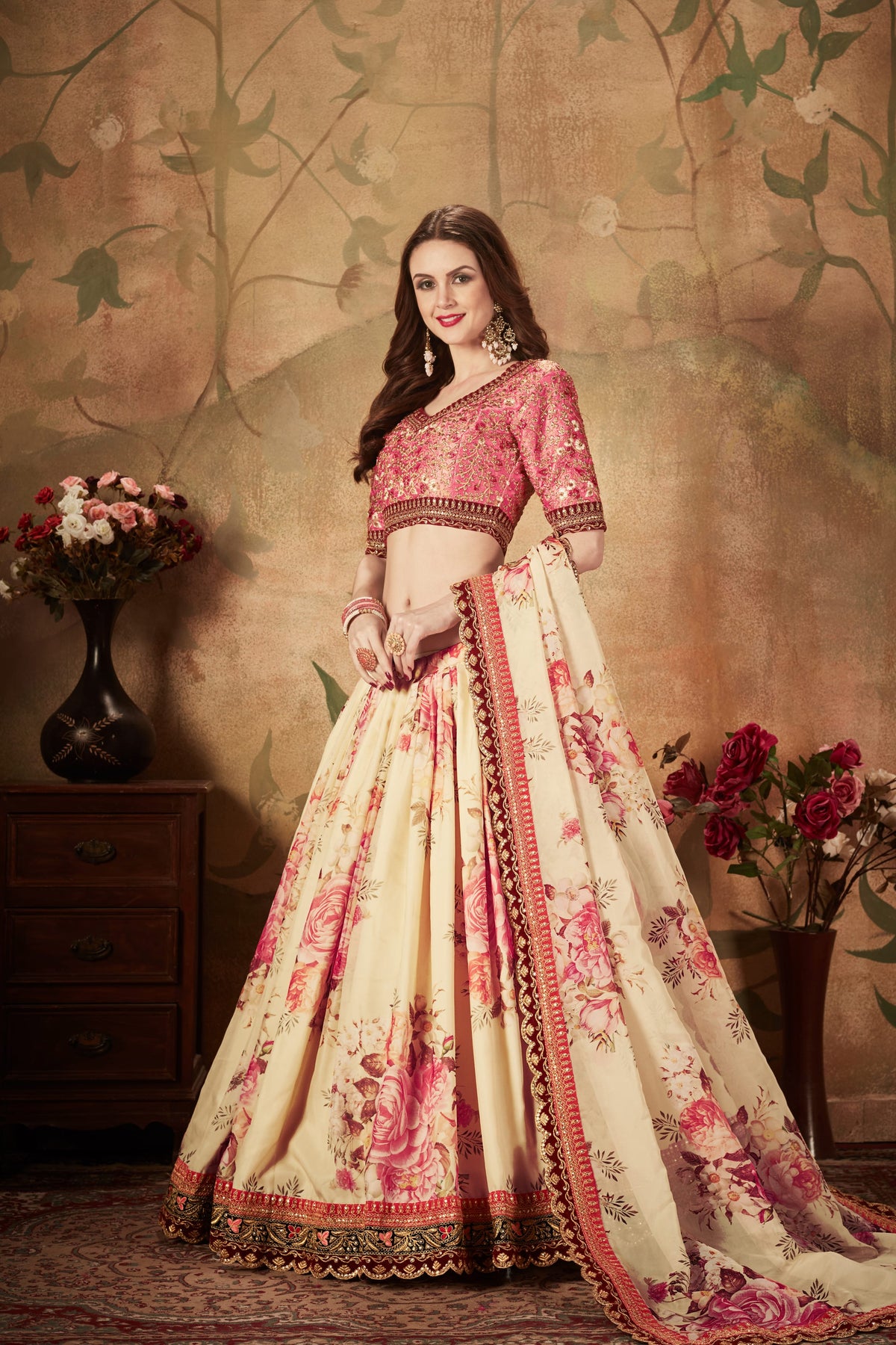 Cream Floral Lehenga Choli with Embroidered Pink Blouse and Dupatta for Wedding & Festive Wear