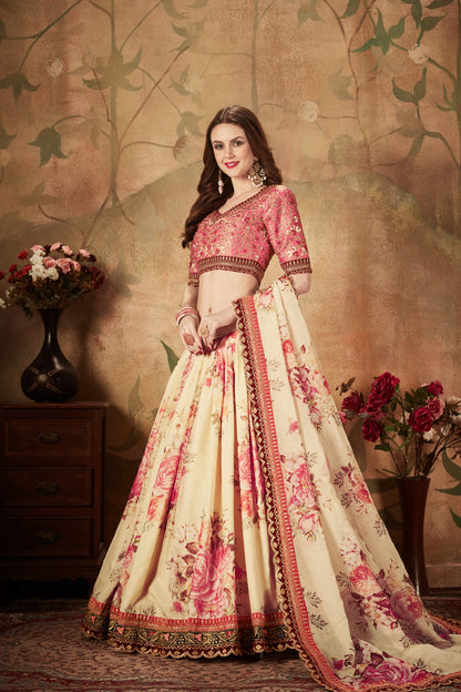 Cream Floral Lehenga Choli with Embroidered Pink Blouse and Dupatta for Wedding & Festive Wear
