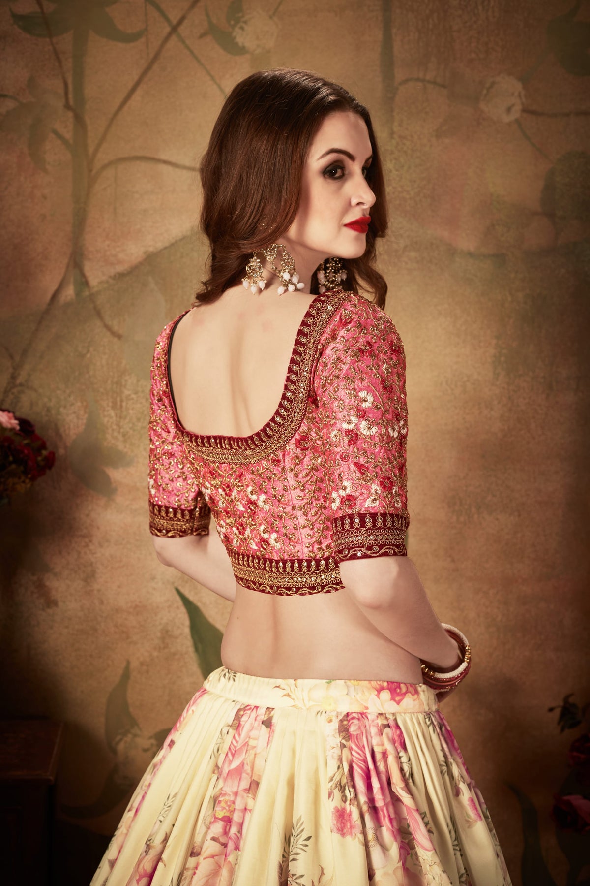 Cream Floral Lehenga Choli with Embroidered Pink Blouse and Dupatta for Wedding & Festive Wear