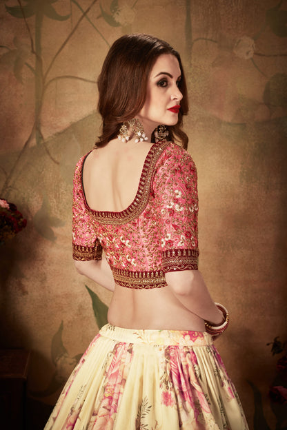 Cream Floral Lehenga Choli with Embroidered Pink Blouse and Dupatta for Wedding & Festive Wear