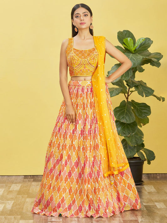 Yellow Mirror Work Lehenga Choli with Printed Dupatta