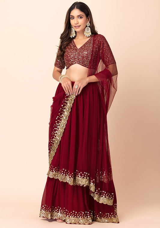 Maroon Sequin Embroidered Lehenga Set with Mirror Work Blouse & Dupatta