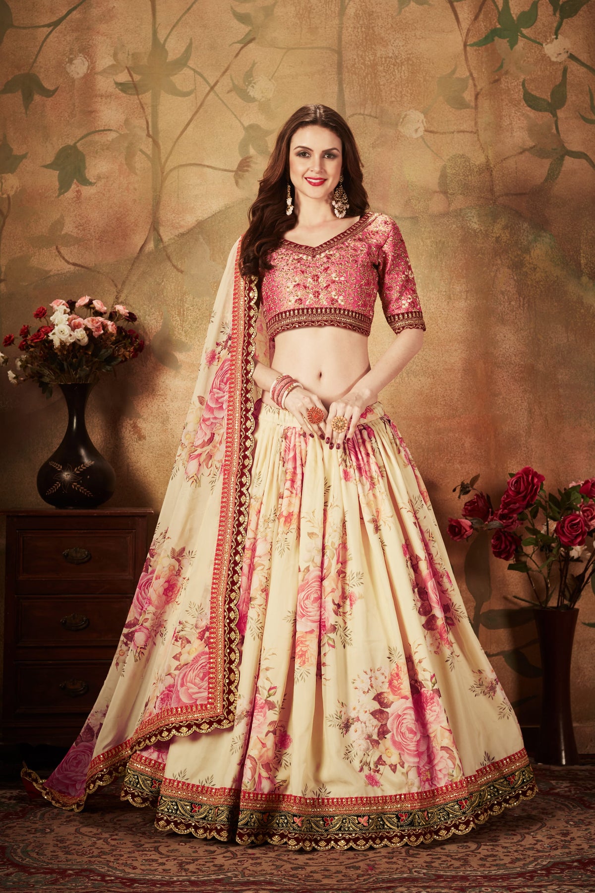 Cream Floral Lehenga Choli with Embroidered Pink Blouse and Dupatta for Wedding & Festive Wear