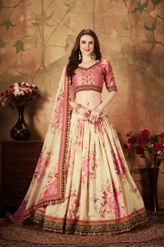 Cream Floral Lehenga Choli with Embroidered Pink Blouse and Dupatta for Wedding & Festive Wear
