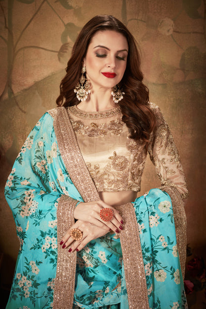 Blue Floral Lehenga Choli with Embroidered Golden Blouse and Dupatta