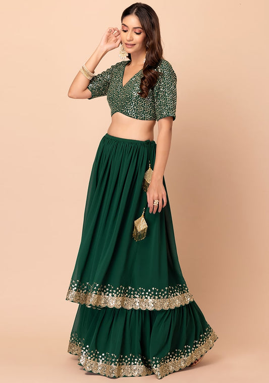 Emerald Green Sequin Embroidered Lehenga Set with Mirror Work Blouse & Dupatta