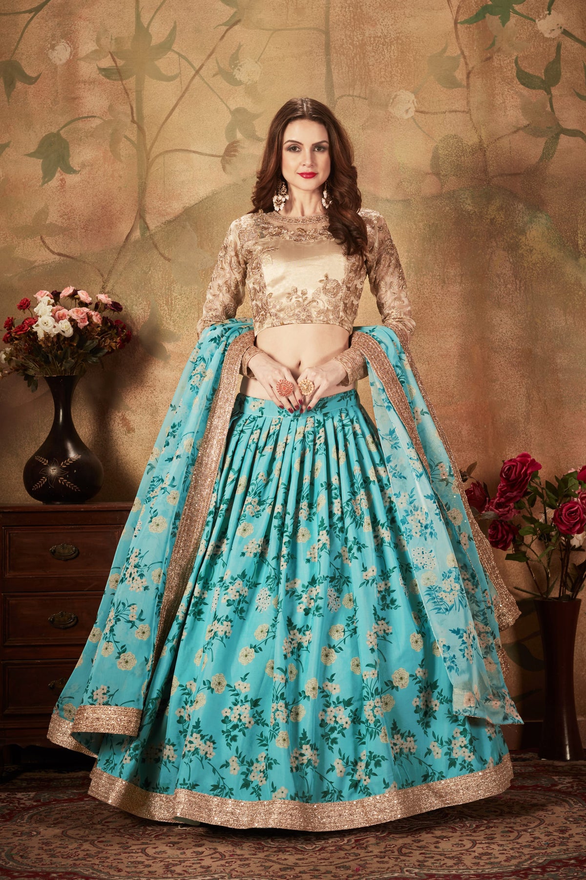 Blue Floral Lehenga Choli with Embroidered Golden Blouse and Dupatta