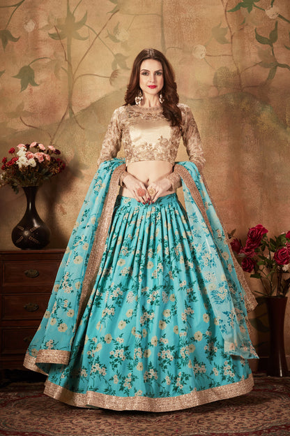 Blue Floral Lehenga Choli with Embroidered Golden Blouse and Dupatta