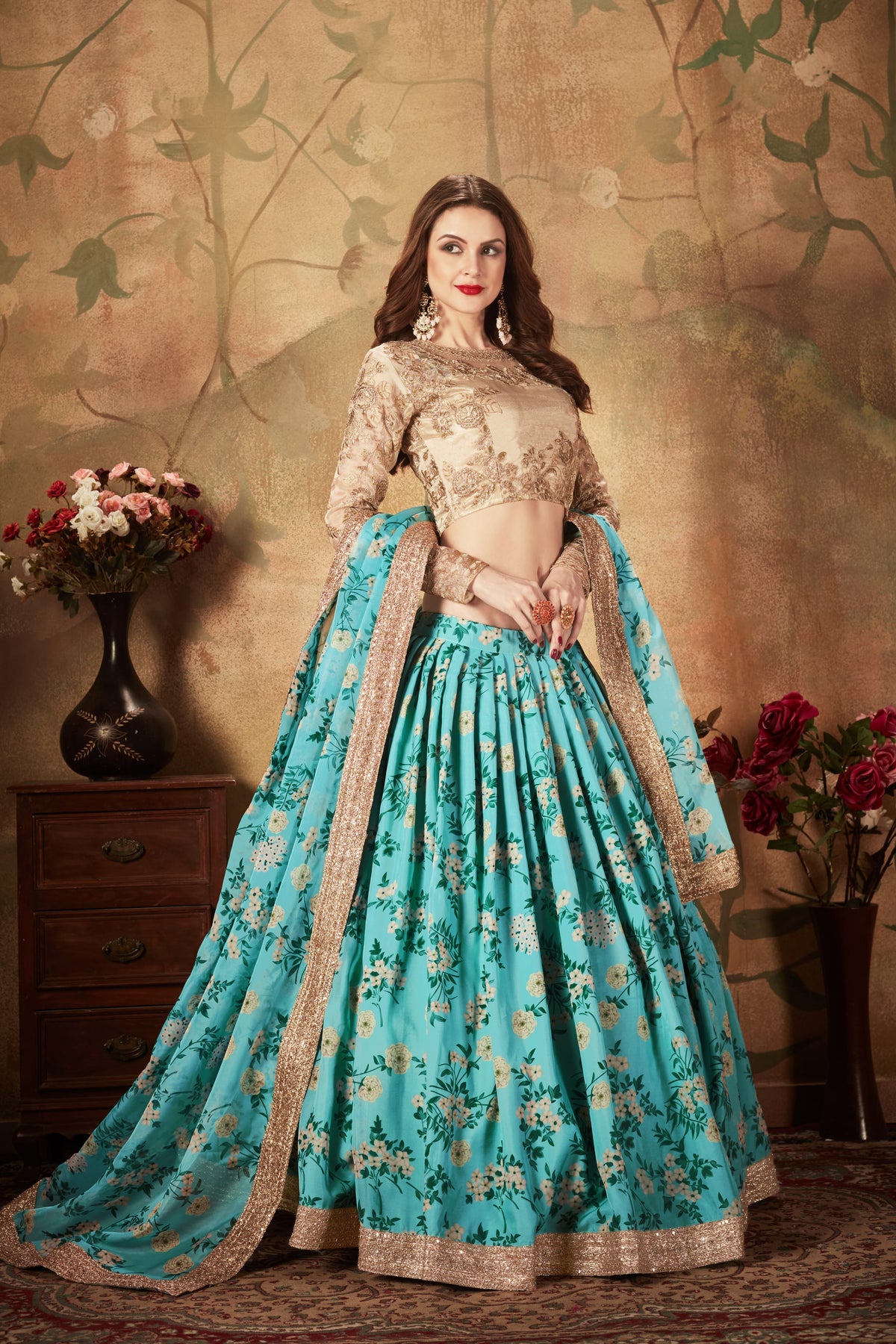 Blue Floral Lehenga Choli with Embroidered Golden Blouse and Dupatta
