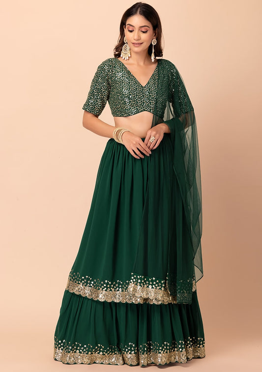 Emerald Green Sequin Embroidered Lehenga Set with Mirror Work Blouse & Dupatta