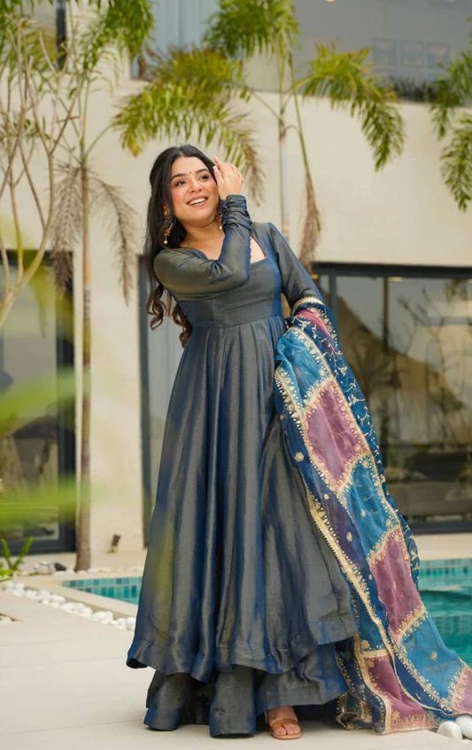 Festive Indian Navy Blue Anarkali Gown with Multicolor Dupatta