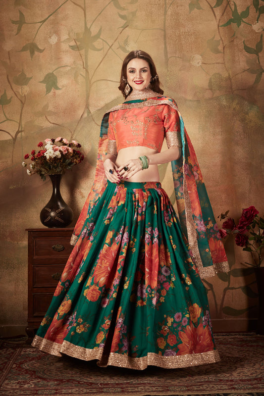 Floral Green and Orange Lehenga Choli with Embroidered Blouse
