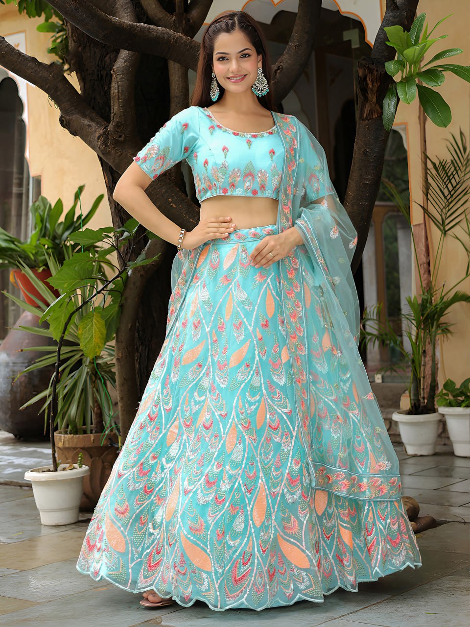 Designer Aqua Blue Embroidered Lehenga Choli with Dupatta