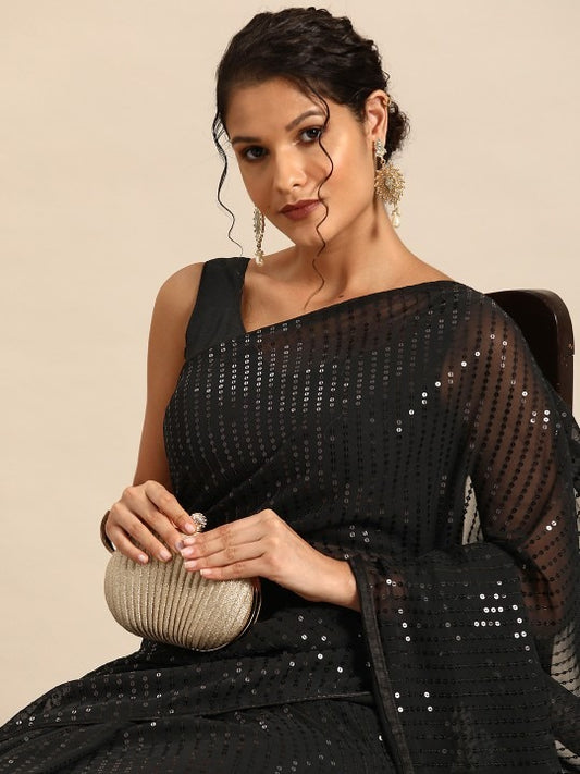 Black Designer Sequin Saree for Evening Party