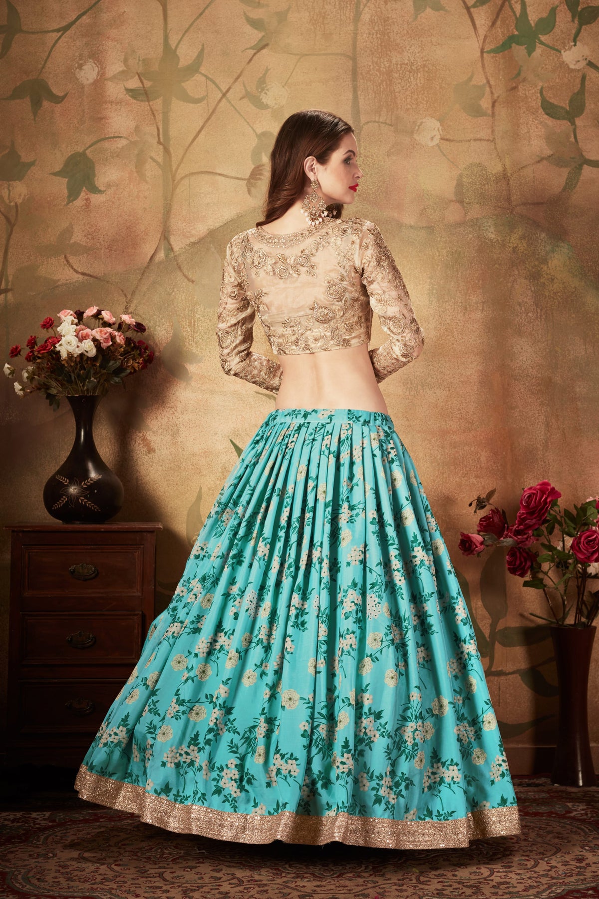 Blue Floral Lehenga Choli with Embroidered Golden Blouse and Dupatta