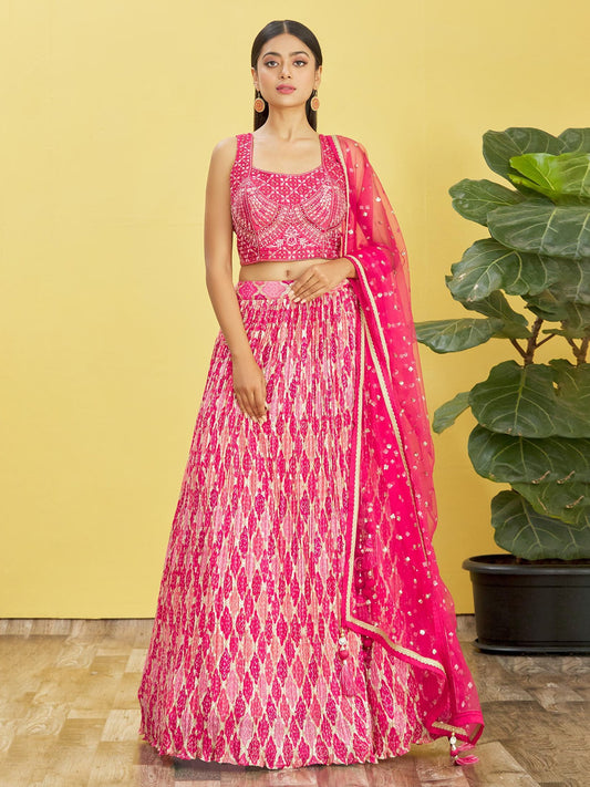 Hot Pink Mirror Work Lehenga Choli and printed dupatta Set for Wedding