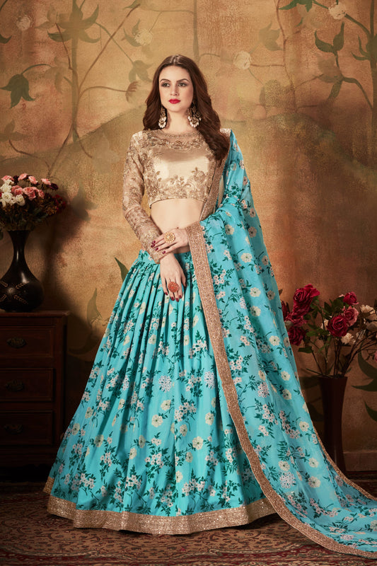 Blue Floral Lehenga Choli with Embroidered Golden Blouse and Dupatta