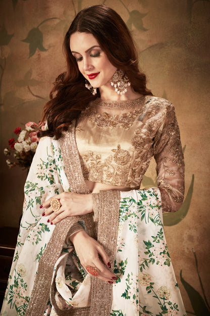 White Floral Lehenga Choli with Embroidered Golden Blouse