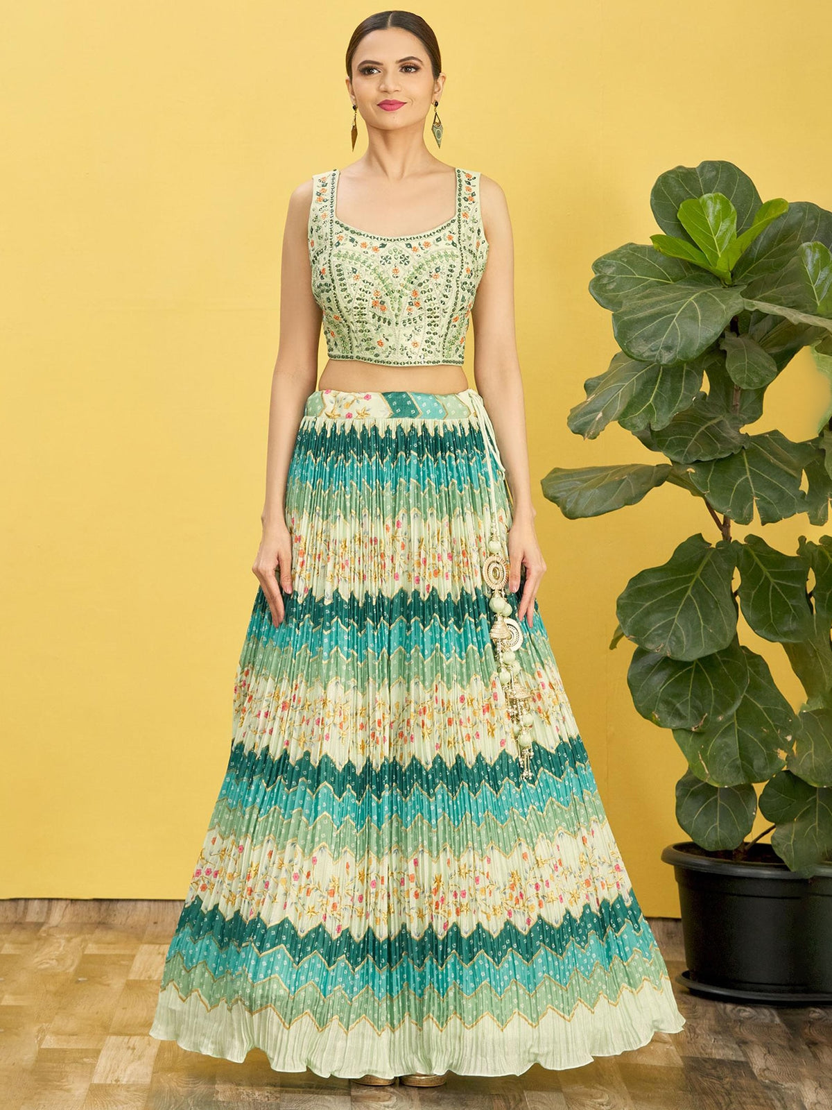 Mint Green Floral Embroidered Lehenga Choli with Net Dupatta