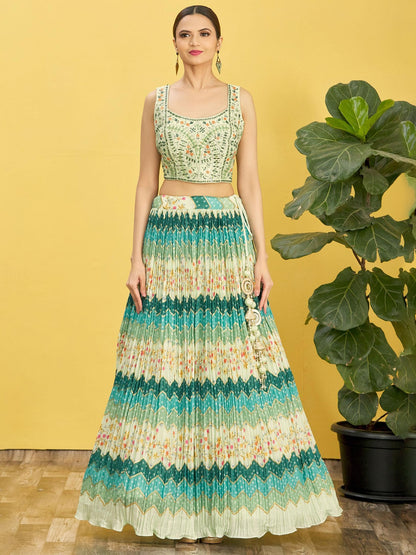 Mint Green Floral Embroidered Lehenga Choli with Net Dupatta