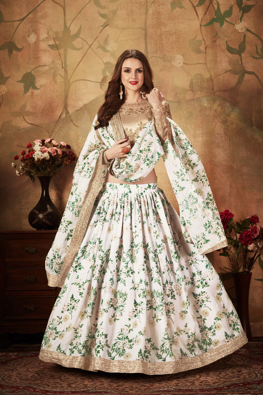 White Floral Lehenga Choli with Embroidered Golden Blouse