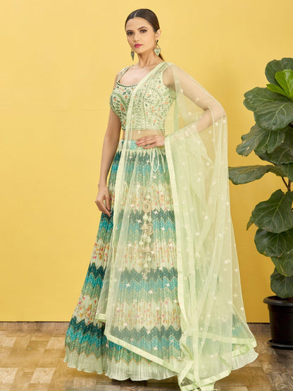 Mint Green Floral Embroidered Lehenga Choli with Net Dupatta