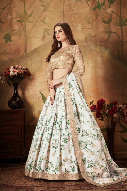 White Floral Lehenga Choli with Embroidered Golden Blouse