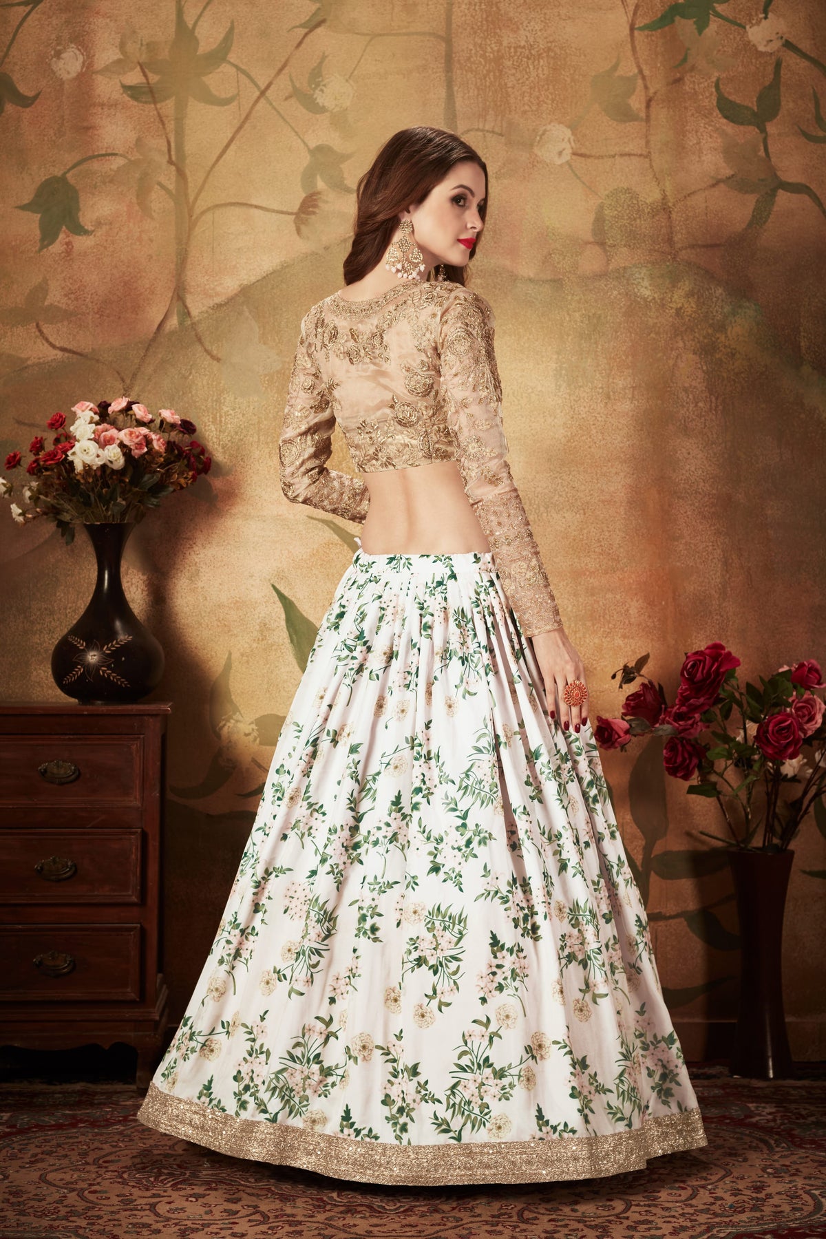 White Floral Lehenga Choli with Embroidered Golden Blouse