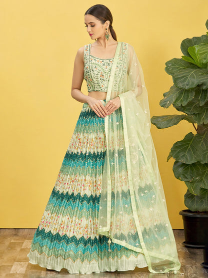 Mint Green Floral Embroidered Lehenga Choli with Net Dupatta