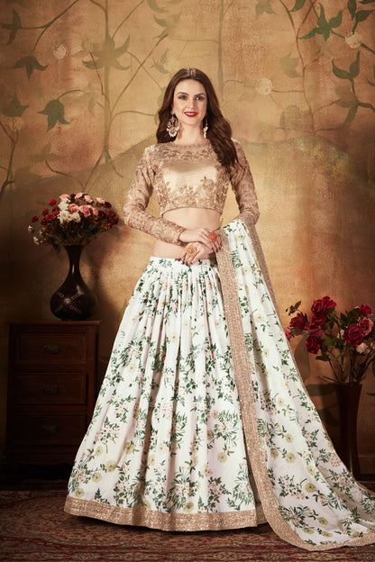 White Floral Lehenga Choli with Embroidered Golden Blouse
