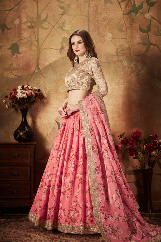 Pink Floral Lehenga Choli with Embroidered Golden Blouse