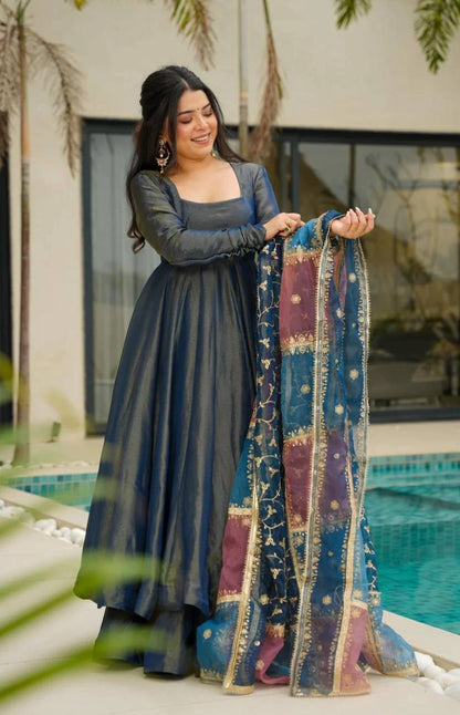 Festive Indian Navy Blue Anarkali Gown with Multicolor Dupatta