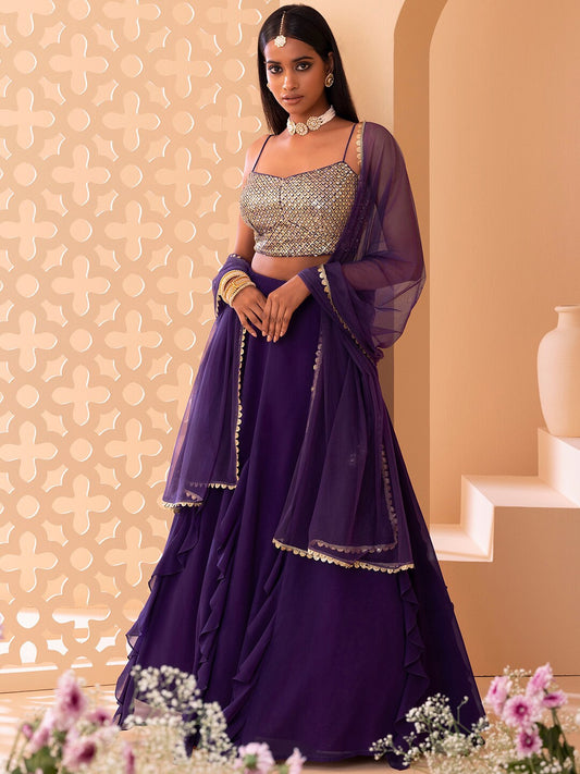 "Purple ruffle lehenga with gold sequin crop top and net dupatta"

