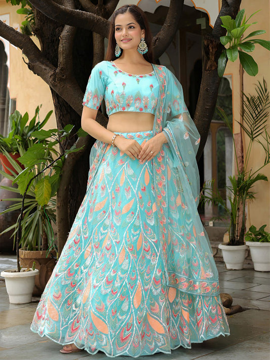 Designer Aqua Blue Embroidered Lehenga Choli with Dupatta