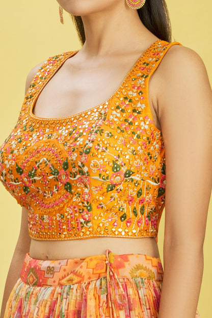Vibrant Orange Mirror Work Lehenga Set with Printed Dupatta