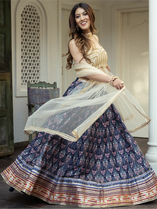 Navy Blue Printed Lehenga with Gold Crop Top