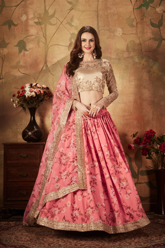 Pink Floral Lehenga Choli with Embroidered Golden Blouse