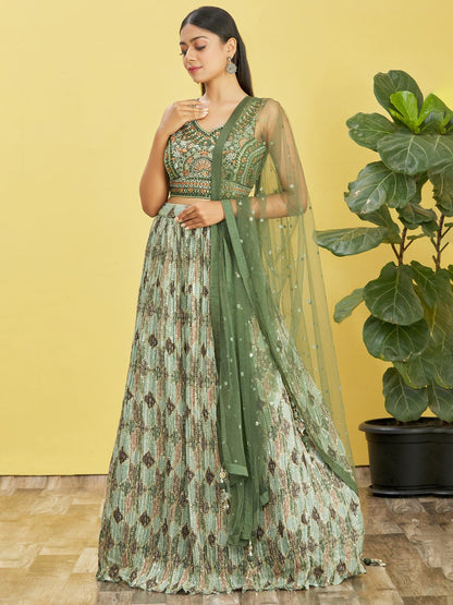 Olive Green Sequins Embroidered Lehenga Choli with Net Dupatta for party wear
