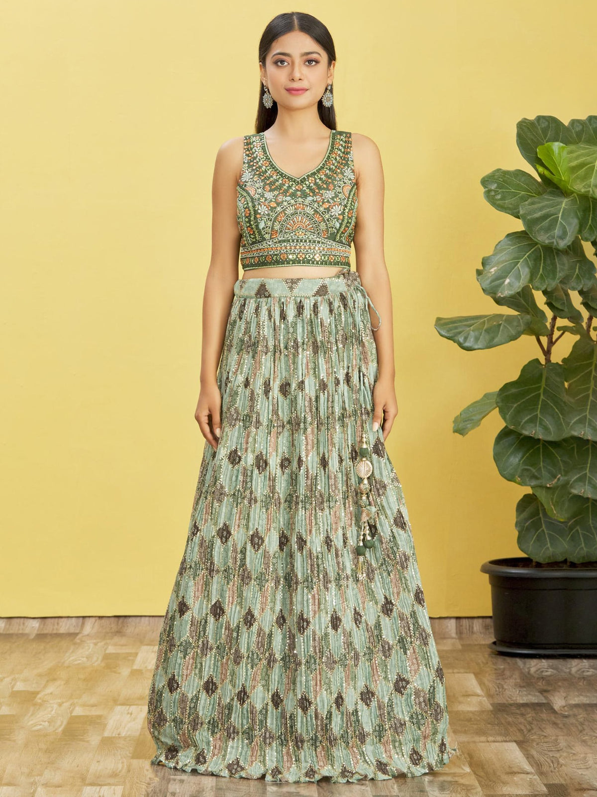Olive Green Sequins Embroidered Lehenga Choli with Net Dupatta for party wear